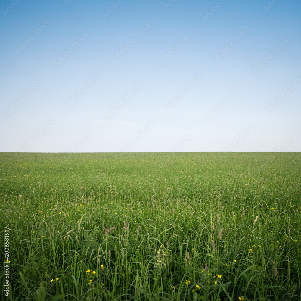 Fototapeta premium Vast green field under a clear blue sky a serene landscape 1.