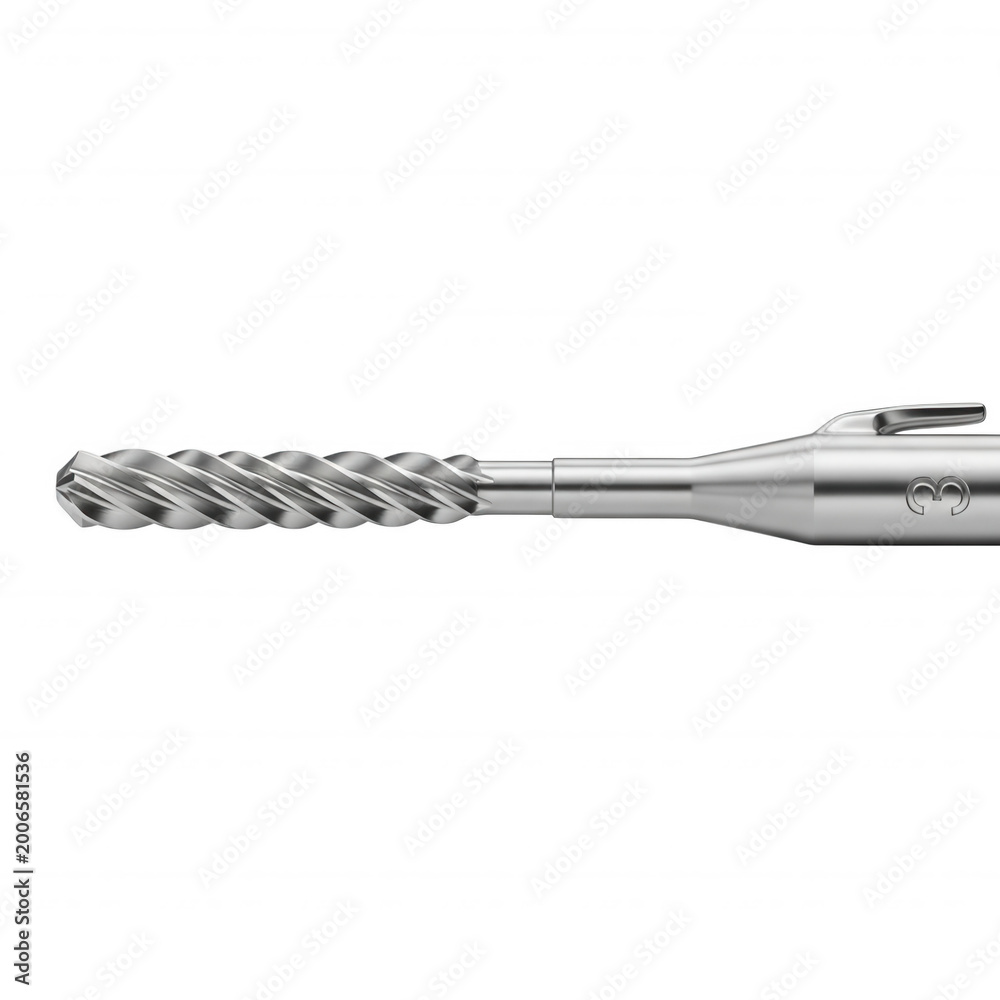 Obraz premium Close-up of a metallic dental burr with a spiral fluted head and the number three engraved on the shank, isolated on a black background