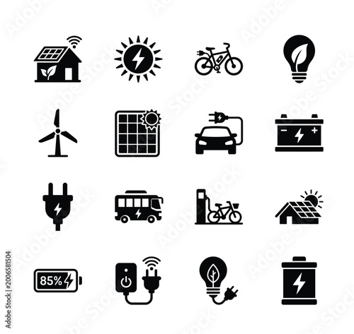 Quadro su tela Renewable energy icons set displaying solar panels, electric vehicles, wind turbines, and smart charging, ideal for sustainable living and clean tech concepts
