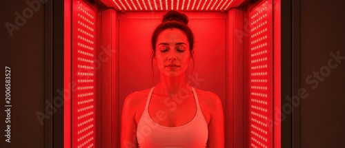 Woman in red light therapy booth anti aging rejuvenation