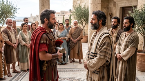 Roman centurion Cornelius meets apostle Peter in Caesarea. Biblical scene from Acts of the Apostles showing meeting of man in armor and man in historical robes with gathered crowd.
