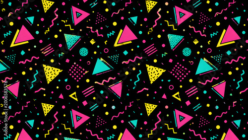 Seamless Memphis style pattern with neon geometric shapes and zigzags on black background.