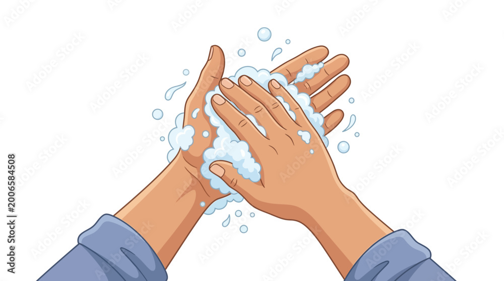 Obraz premium Illustrated close-up of hands washing with soap, emphasizing proper hygiene for World Hand Hygiene Day, set against a clean white background with a focus on health and well-being