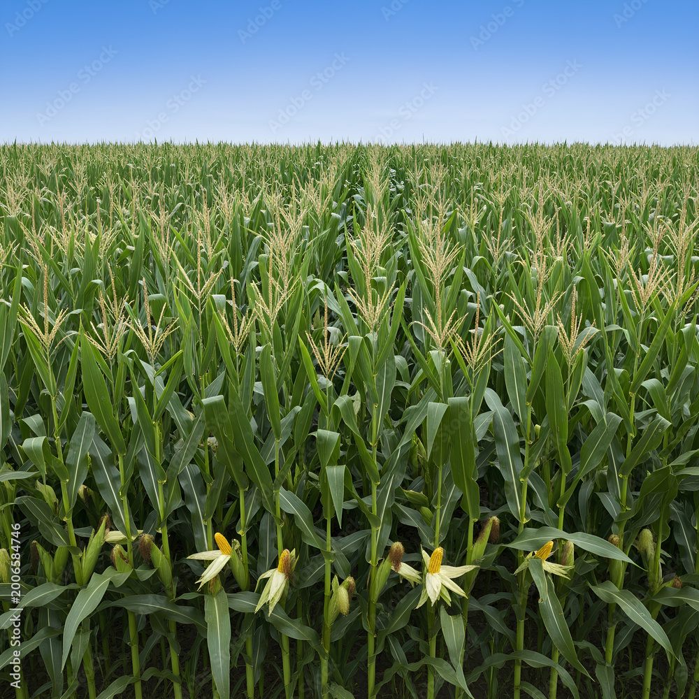Fototapeta premium Vibrant cornfield under a clear blue sky showcasing agricultural beauty.