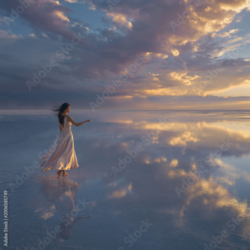 Woman walking across reflective shore at sunset beneath dramatic clouds and golden light