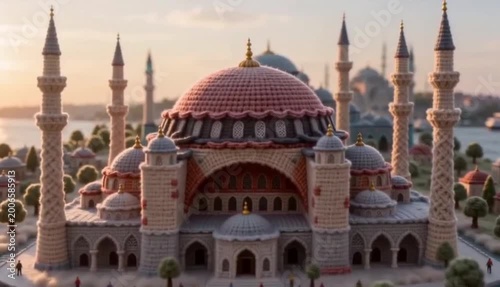 A low drone flyover glides along a shimmering blue silk river toward a crocheted mosque skyline inspired by Istanbul, bathed in golden sunset light