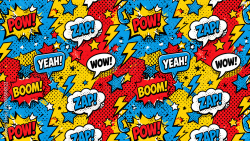 Seamless retro comic book pop art pattern with action speech bubbles and halftone dots.