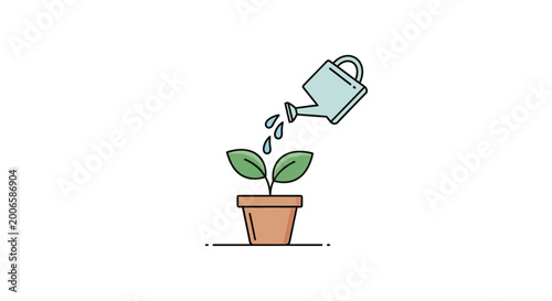 Obraz na płótnie Green plant in terracotta pot being watered.