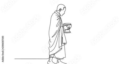 Photos Buddhist Monk with Alms Bowl, Continuous Line Drawing, Minimalist Art