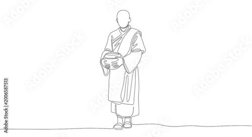 Foto Buddhist monk holding alms bowl, line art illustration, spiritual journey, solit