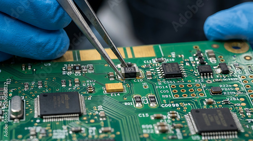 Gloved hands placing electronic component on a circuit board with tweezers