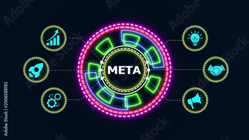 Abstract meta business concept presentation showing digital elements and glowing icons on dark background.