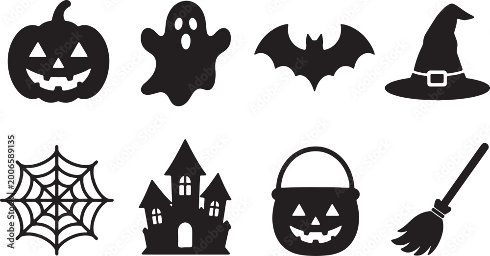 Obraz premium Halloween icons, black silhouettes, spooky symbols, vector graphics isolated on Transparent Background