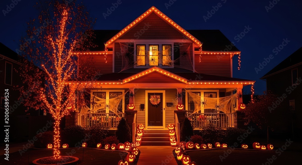 Fototapeta premium A charming residential home glows at night, adorned with carved jack-o-lanterns, eerie spider webs, and festive orange lights for Halloween, yard, october, illumination