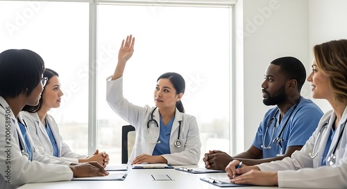 Medical team collaboration a group of healthcare professionals engaged in a focused discussion during a meeting