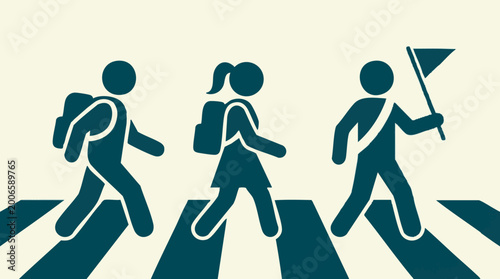 Quadro su tela Students and crossing guard using crosswalk, safe pedestrian education