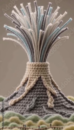 A slow upward movement reveals a crocheted geyser inspired by Old Faithful, as textured yarn strands erupt from the crater above a felted landscape and miniature boardwalk
