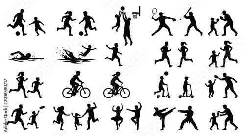 Family outdoor sports and activities silhouette set, parents and children enjoying recreation.