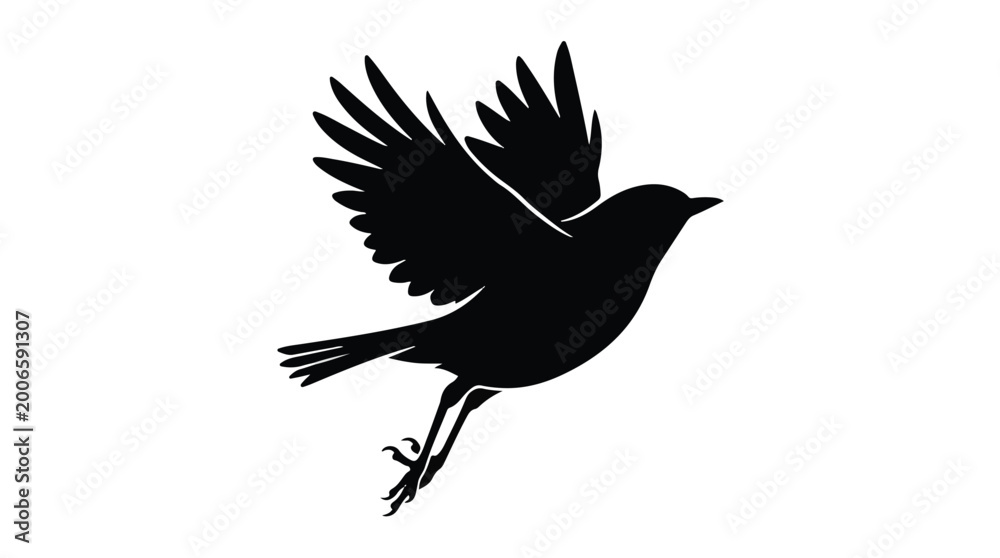 Fototapeta premium Small Songbird Silhouette Flying Isolated on White Background - Garden Bird Graphic