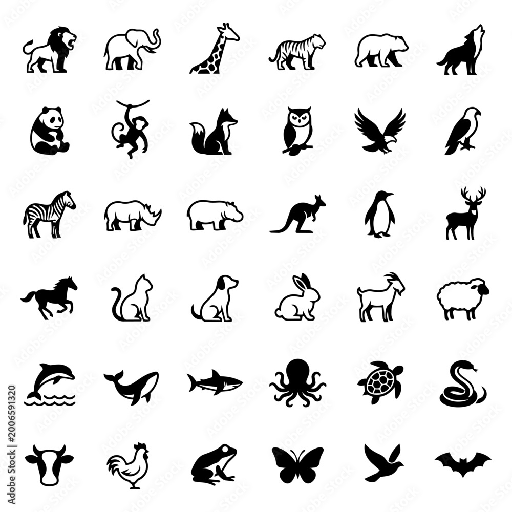 Fototapeta premium Diverse Animal Icons Pack: Wildlife Silhouettes, Black & White Vector Collection for Design