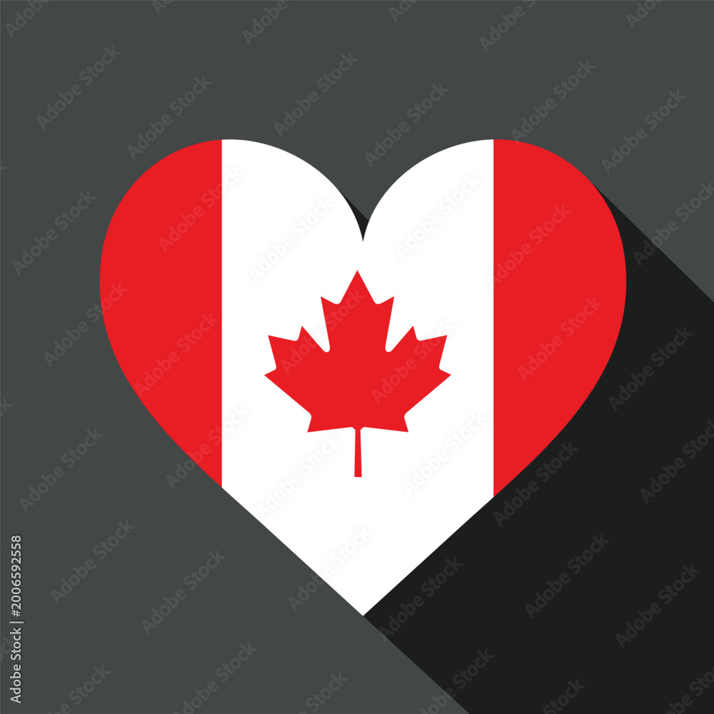 Obraz premium Canada Flag Heart Shape Icon with Long Shadow on Dark Background. Patriotic Canadian Maple Leaf Love Symbol for Canada Day Celebration and Travel Vector Illustration