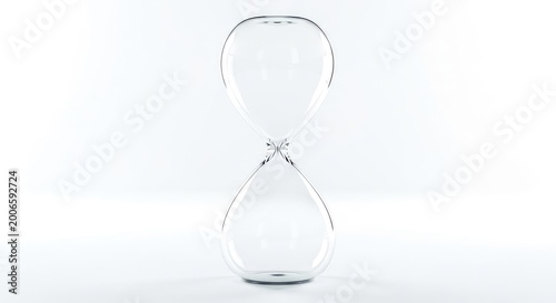 An elegant glass hourglass sits empty on a bright white backdrop, highlighting a minimalist design and clear symmetry for concepts of time, empty, bright, object