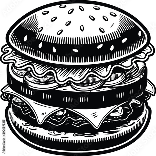 Black and white burger icon, vector hamburger illustration, food logo design, sandwich clip art