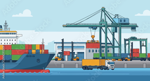 Quadro su tela Cargo ship and containers being loaded by crane at a busy port with trucks and forklifts