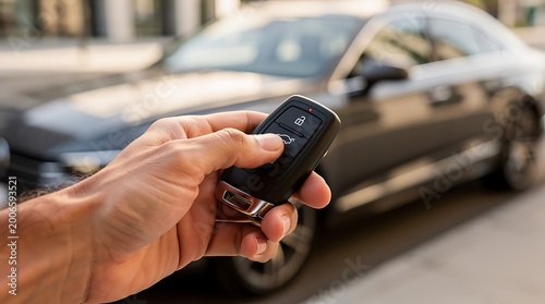 A person's hand holding a modern black car key fob, pressing a button to unlock or lock a dark vehicle in the background.