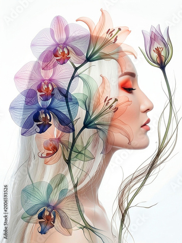 Portrait of asian girl with flowers illustration