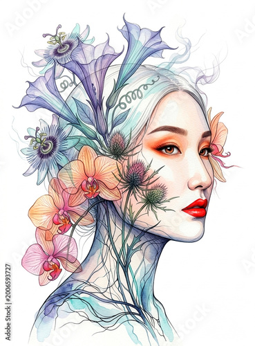 Portrait of asian girl with flowers illustration