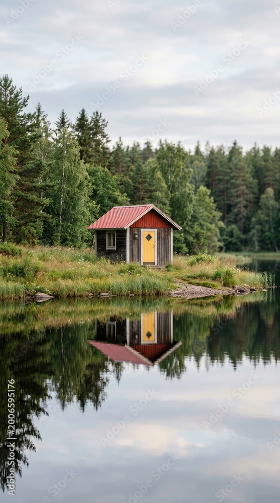 Fototapeta premium Small Wooden Cabin by the Tranquil Lake Surrounded by Nature