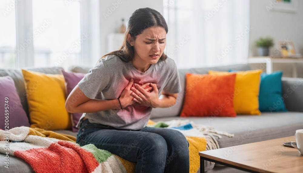 Obraz premium Young woman clasp chest in anguish, experience acute heart pain or discomfort while sitting on her living room couch during the day, focus on health, disease, and distress