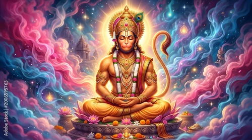 Colorful Digital Illustration of Hanuman in Meditative Pose with Cosmic Background