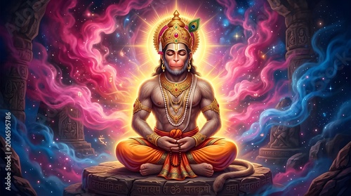 Colorful digital artwork of Hanuman meditating in a mystical cave
