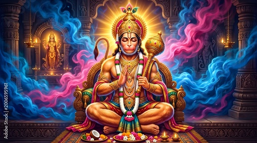 Colorful digital artwork of Hanuman in a temple setting