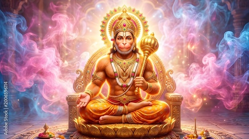 Vibrant depiction of Hindu deity Hanuman with mystical aura