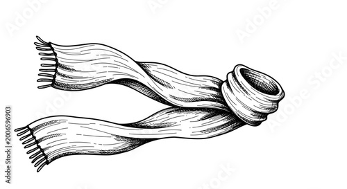 Intricately drawn black and white illustration of a scarf gracefully flying in the wind, showcasing detailed texture and movement on a clean white background