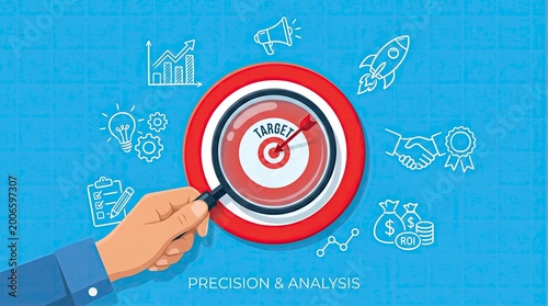 Business Hand Holding Magnifying Glass Focused on Target and Goals