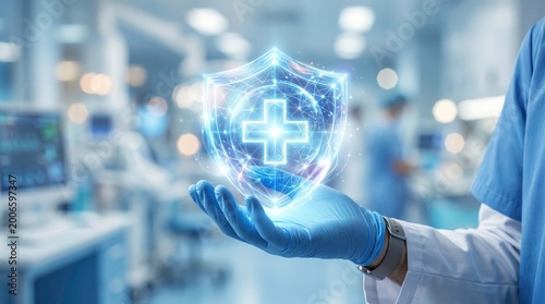 Futuristic Healthcare Technology with Digital Shield and Cross