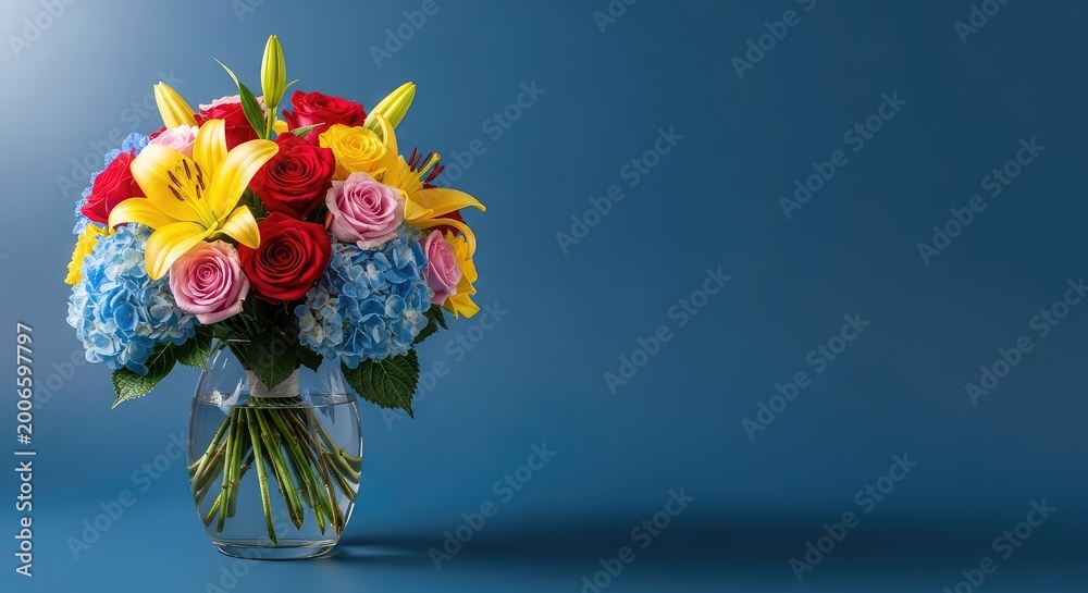 Fototapeta premium A bouquet of fresh colorful flowers in a clear glass vase sits elegantly against a solid blue background with soft natural lighting, summer, petals, home