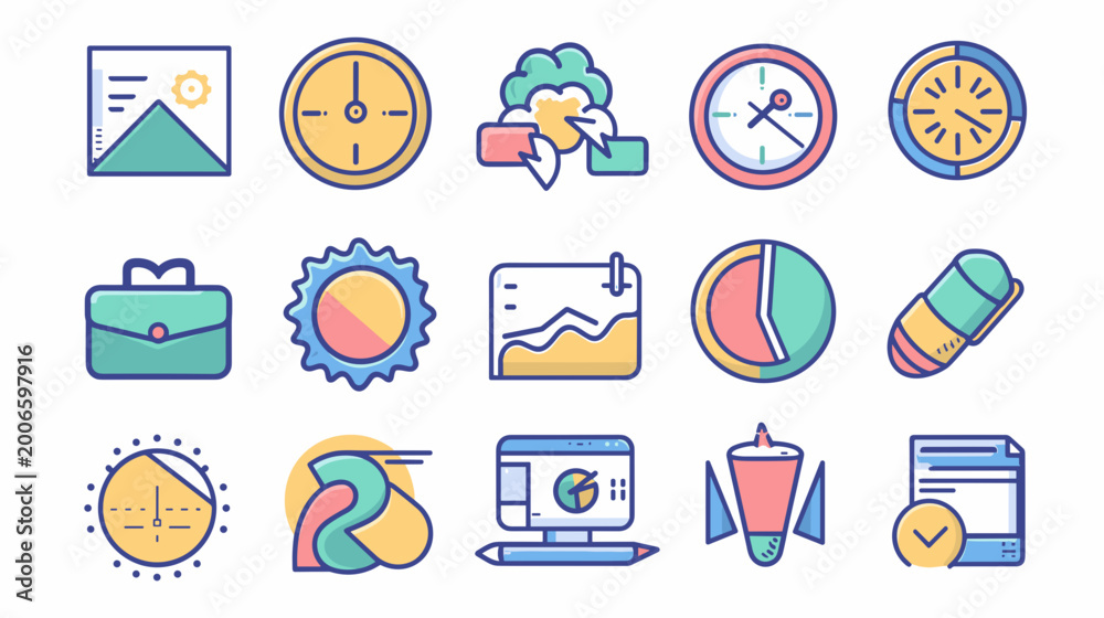 Fototapeta premium Colorful Collection of Business and Technology Icons Representing Data Analysis and Strategy