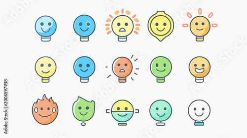 Canvastavla Colorful Collection of Cartoon Lightbulb Faces Expressing Various Emotions and M