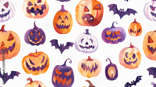 Bild auf Leinwand Colorful Collection of Halloween Pumpkins and Bats on a Light Background in Play