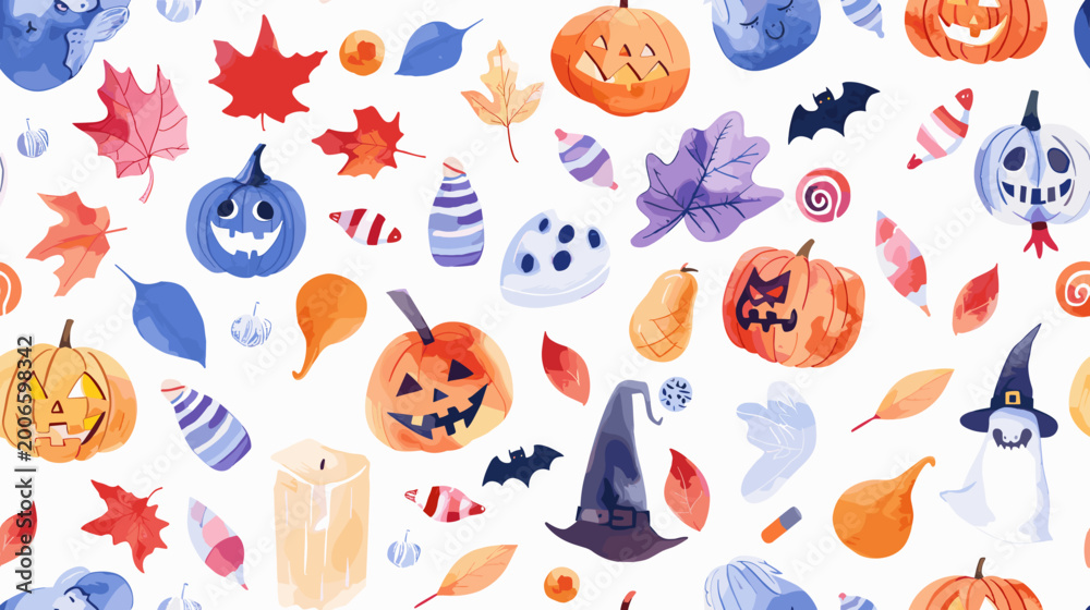 Obraz premium Colorful Halloween Pattern Featuring Pumpkins, Leaves, Candies and Whimsical Characters