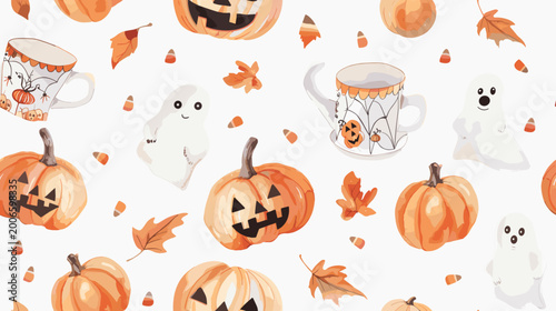 Photos Colorful Halloween Pattern Featuring Pumpkins, Ghosts, Autumn Leaves and Festive