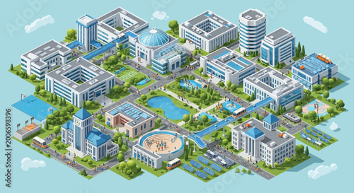 Photos Isometric University Campus Scene with Modern Buildings, Green Spaces, and Solar