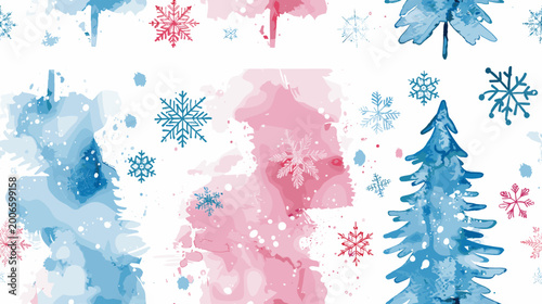 Cuadro en lienzo Colorful Watercolor Pattern Featuring Blue and Pink Snowflakes and Evergreen Tre