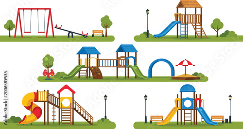 Φωτογραφία Playground equipment set with swings, slides, climbing frames and park elements,