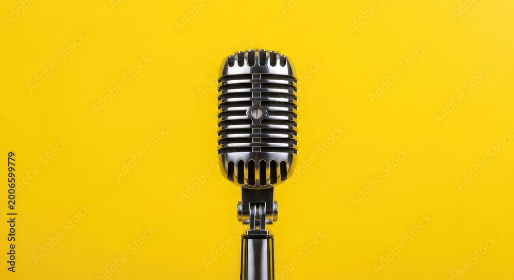 Fototapeta premium A shiny silver vintage style microphone stands vertically against a solid bright yellow backdrop, capturing a clean professional aesthetic, gear, technology, background